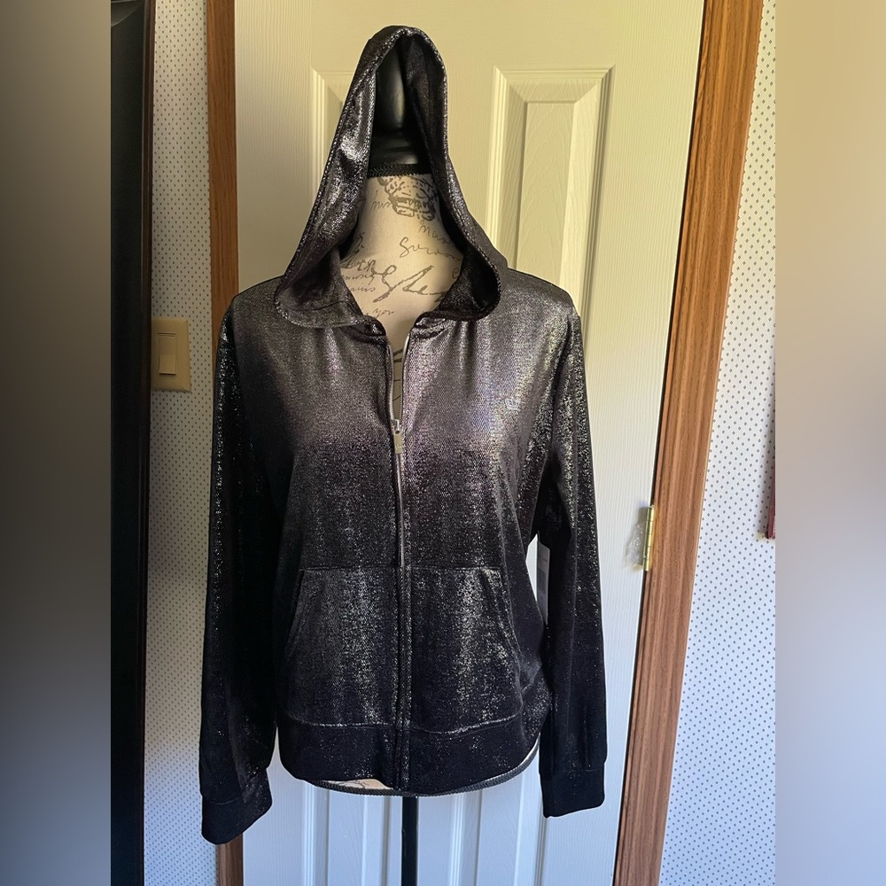 Nwt Juicy Couture size XXL. Shiny silver on black nylon jacket with crown logo